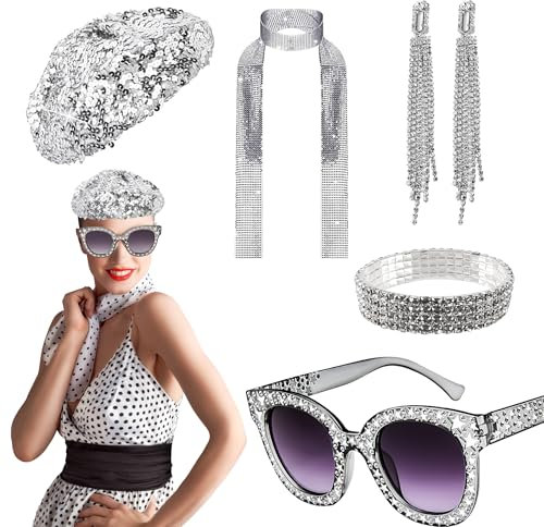 Editbar 5 Stück Disco Accessoires 70er Jahre Disco Zubehör Kostüm mit Pailletten Baskenmützen Hut Bling Sonnenbrille,Erwachsene Disco Outfit Zubehör 70er 80er Jahre Outfit Damen für Fasching Karneval