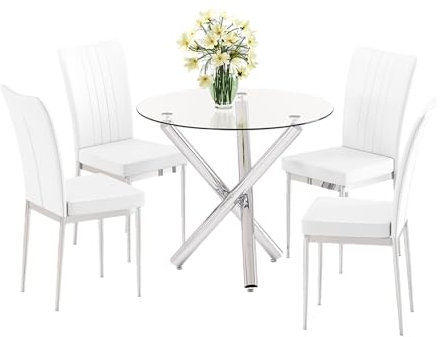 Moderno juego de mesa de comedor redonda con 4 sillas de piel sintética de respaldo alto y mesa de patas cromadas de cristal