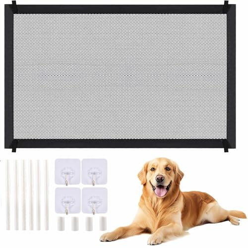 Puerta de Seguridad para Gatos y Perros Extensibles, Puerta Seguridad Bebé Extensibles, Barrera para Perros, Plegable y Portátil, con 4 Ganchos y 6 Soportes de Plástico, 110 x 72cm