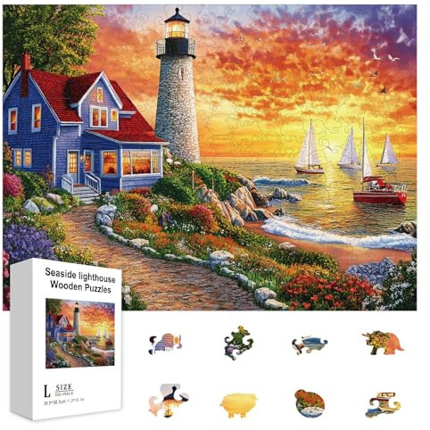 GLOBLELAND 300Pcs Seaside Lighthouse Wooden Jigsaw Puzzles for Adult Garden Sunset Colorful Unique Animal Shaped Jigsaw Puzzles for Adults Christmas Halloween Birthday