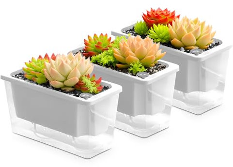 IWTTWY Self Watering Plant Pots, Set of 3 Windowsill Herb Planter Box, Modern Plastic Seedling Pots, Indoor Nursery Pots with Clear Water Level Window for Herbs, Vegetables, Succulents (White)