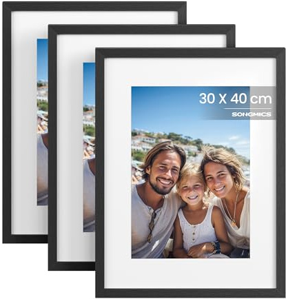SONGMICS Cornici Foto 30 x 40 cm, Portafoto da Parete, in Pannello MDF, con Chiodi senza Traccia, Set di 3, Nero RPF057BZ01