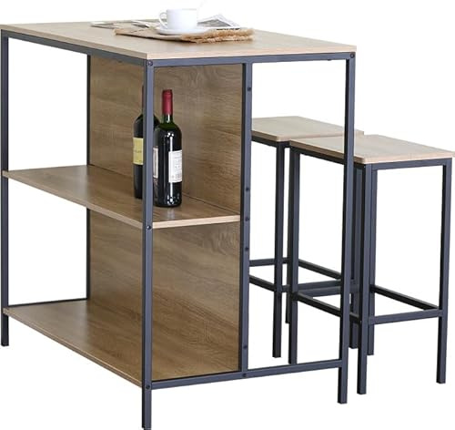 Buyqualia - Set de Mesa Alta con 2 Taburetes y Estantería Lateral 95x100x60 cm – Conjunto de Barra de Cocina, Comedor o Salón, Mesa Alta con Almacenaje