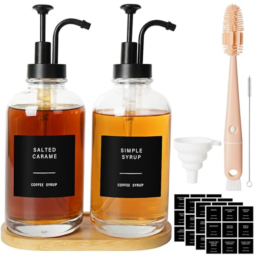 Distributeur Sirop pour Café, Set de 2 Bouteilles en Verre avec Pompes 500 ML pour Bar à Café - Inclus Étiquettes, Entonnoir, Plateau et Accessoires de Nettoyage