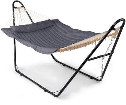 HOBBYZOO Hamac sur Pied, Capacité de Charge 250kg, Surface de lit matelassée Double Couche avec Poche en Filet au Fond, Grand Ensemble de hamac en Fer à Double Poteau, 315x133x101 cm