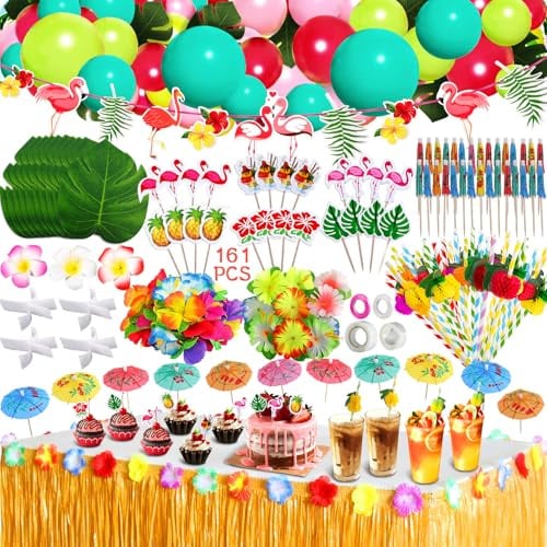 ZLPBAO 162 Stück Hawaii Party Dekoration Set mit Dekoration Ballon Hawaii Luau Tischröcke 9ft, für Hawaii Party Deko Beach Tropischen Garten Deko, mit Banner, Künstliche, Kuchendeckel