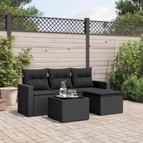 Owoxanthellate 5tlg Garten-Sofagarnitur Schwarz Poly Rattan wetterfest mit Glas-Tisch & waschbaren Kissen für Balkon Terrasse