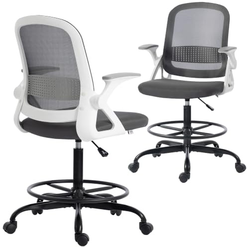 HOMCOM Drafting Chair Tall Office Desk Chair with Flip-up Armrests Grey