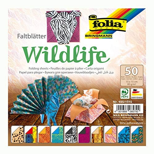 folia 495/1515 - Faltblätter Wildlife, 15 x 15 cm, 80 g/qm, 50 Blatt sortiert in 10 Motiven - ideal für wunderschöne Faltfiguren und -formen