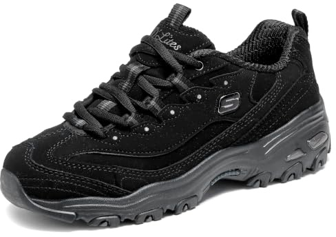 Skechers Women's D'Lites-Play On Memory Foam Lace-up Sneaker, Black/Black, 6 Wide