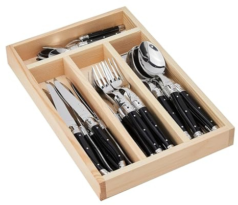 Jean Dubost Laguiole Besteck-Set, 24-teilig, schwarze Griffe, rostbeständiger Edelstahl, inklusive Holztablett, hergestellt in Frankreich