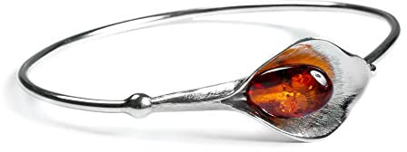 HENRYKA Bracelet Fleur de lys Calla en Argent et Ambre Cognac avec Boîte Cadeau, 7 inches, Argent Argent Ambre, Ambre