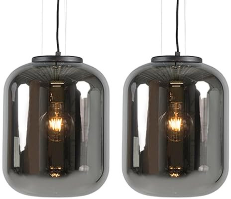 Qazqa - Retro Set mit 2 Design-Hängelampe I Pendellampe I Pendelleuchten in schwarz mit Rauchglas - Bliss I Wohnzimmer I Schlafzimmer - Rund - LED geeignet E27