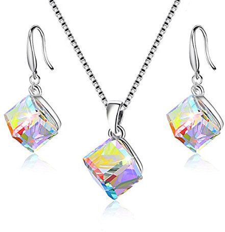 Uloveido Girls Square Cube österreichischen Kristall Haken Ohrringe und Halskette Sets für Frauen - 925 Sterling Silber Hochzeit Engagement Schmuck Sets Regenbogen Farbe Y418 (Mehrfarbig)
