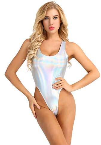 inlzdz Damen Metallic Body Wetlook Bodysuit Stringbody High Cut Thong Frauen Badeanzug Rückenfrei Sportbody Schwimmanzug Silber M