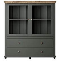 Furniture24 Vitrine Evora 46 mit 2 Türen und 2 Schubkästen, Grün, Landhaus möbel, Wohnzimmerschrank, Highboard, Vitrinenschrank (ohne Beleuchtung)