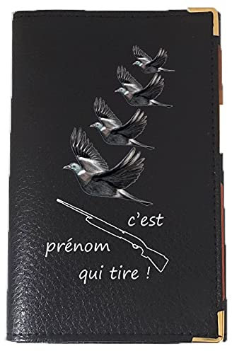 Syl'la Chasse Peche Protection Porte Carte Grise papiers Voiture Noir en Cuir pour Homme (Fusil personnalise avec prenom)