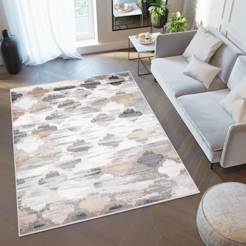 TAPISO Valley Teppich Kurzflor Beige Grau Creme Kleeblatt 300 x 400 cm | Marrokanisch Verwischt Meliert Schlafzimmer Wohnzimmer OEKO-TEX