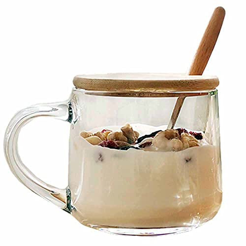 TAMUME 380ML Ciotola di Cereali in Vetro e Tazza per Microonde, da Colazione Con Coperchio in Legno e Cucchiaio