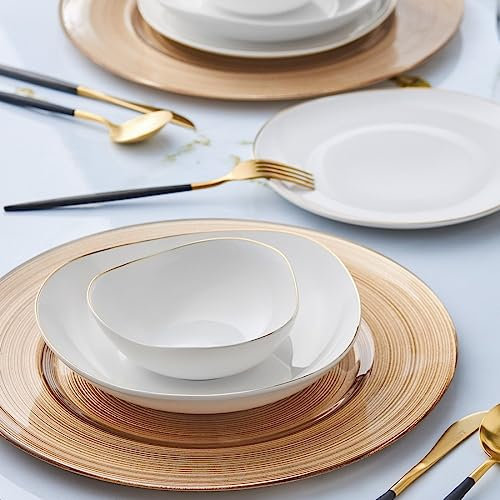 Karaca Middle Streamline 12 Piezas Nuevo Hueso Blanco Oro Vajilla para 4 Personas, Platos de Cena, Platos de Servicio, Tazones para Sopa, Nuevo Hueso, Vajilla Diaria y Especial