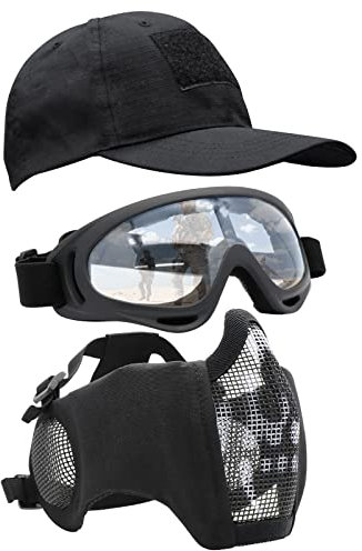 Yzpacc Airsoft Half Face Maske mit Brille Hut Set Taktische Masken Full Face Ohr Protective Baseball Cap für CS Halloween und Cosplay Game (A)