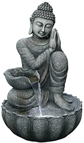 Hi-Line Gift Ltd. 32 H Sitting Buddha Fountain with White LED, Gray, Large
