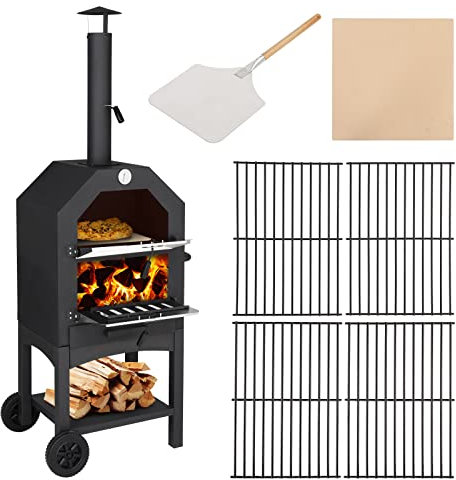 Outvita Forno per pizza all'aperto, Forno per pizza a legna con camino regolabile, ruote, Pietra per pizza, Buccia per pizza, Griglia per barbecue per barbecue