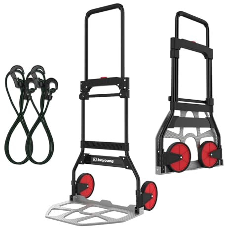 Keyoung Carretilla Plegable con Ruedas 120kg Mango Extralargo de 110 cm Carretilla de Carga Incluye 2 Cuerdas Extensoras