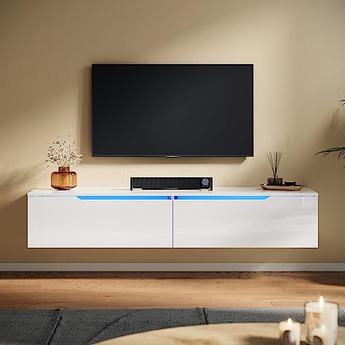 SUNXURY TV Board hängend Weiß mit LED-Beleuchtung 160x35x30cm Lowboard Hängeschrank Fernsehschrank mit Türen und Klappe Fernsehtisch Sideboard