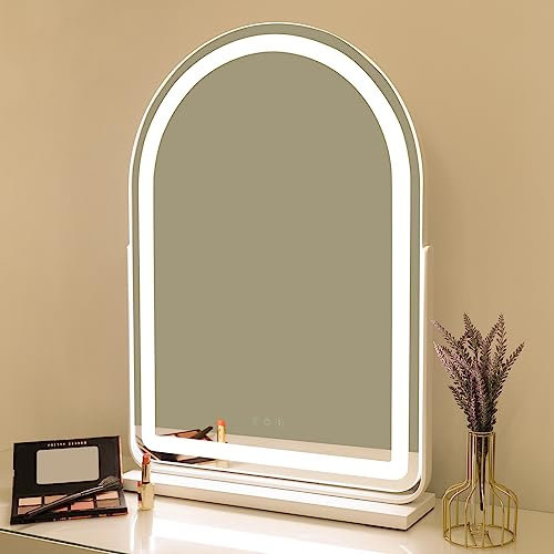 OUO Arch Mirror Hollywood Mirror Makeup Mirror with LED Light, Smart Touch Control Vanity Mirror, 3 Lighting Modes, Adjustable Brightness, Frameless Tabletop or Wall-Mounted Mirror