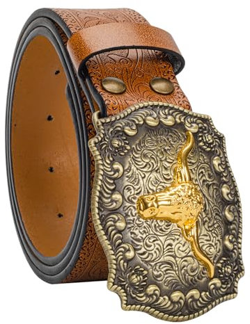INOGIH Western-Cowboy-Gürtel für Damen und Herren, Vintage-Blumen-Gravur, Stierkopf-Schnalle, Cowgirl-Taillengürtel für 63,5 bis 96,5 cm Taille, Braun, For Waist 27-32 in