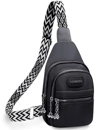 HNOOM Sling Bag Damen Klein Brusttasche PU Leder Crossbody Bag Stylisch Damen Schultertaschen Breiter Gurt Sling Rucksack für Outdoorsport, Reisen, Radfahren (Schwarz)