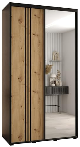MEBLE KRYSPOL Davos 7 140 Schlafzimmerschrank mit Zwei Schiebetüren - Moderner Aufbewahrungsschrank mit Spiegel, Kleiderstange und Regalen - 235,2x140x60 cm - Schwarz Artisan Schwarz