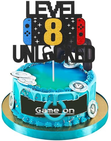 Prasacco Tortendeko Geburtstag, Level Unlocked 8. geburtstag junge Spiel Themen-Kuchenaufsatz DIY Level Up Happy Birthday Cupcake Topper mit Essen Papier Stick Geburtstag für Kinder Jungen Mädchen