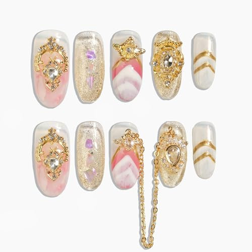 Sun&Beam Nails Handgefertigte Kunstnägel Mittel Lang Oval Nägel zum Aufkleben in Rosa Gold Verlauf Elegant Strass Design mit Klebepads 10 Stück (#055 S)