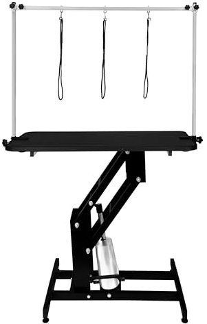 Hydraulischer Hundepflegetisch Höhenverstellbar Profi Trimmtisch | für Tiere bis zu 180kg | 106 x 61cm Gummioberfläche, 4 anpassbare Stallfüße & 3 Schlaufenleinen [Schwarzer Rahmen & Schwarzer Tisch]