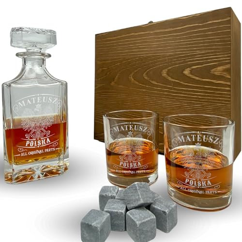Whisky Set mit Gravur Polen personalisiert mit Name Karaffe 700 ml und Gläser graviert Adler Wappen Flagge Poland Geschenkbox (Karaffe + 1 Glas)