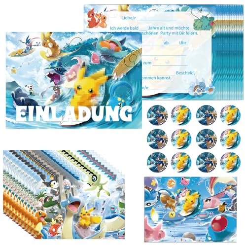 GOACRS Einladungskarten Kindergeburtstag Jungen Mädchen, 12pcs Deutsche Geburtstag Einladungen, Partyeinladungen mit Umschläge und Runde Aufkleber, Bunte Cartoon Anime Einladung Set für Kinder Party