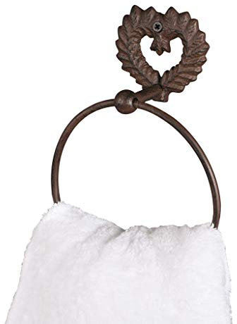 Cast Iron Bathroom Accessories Set Antique Brown Love Heart Toilet Roll Holder, Towel Ring & Ceramic Tipped Bathroom Hook Vintage Style Wall Mounted Bathroom Storage (Towel Ring)