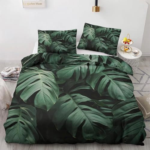 zcwl Monstera Bettwäsche 155x220 Sommer, Tropische Blätter Bettbezug Set 2 teilig, Weiche Kuschelige Mikrofaser Bettwäsche-Sets, Wendebettwäsche und 1 Kissenbezug 80x80 mit Reißverschluss