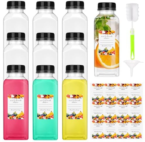Invalidism 10pcs 13.6 oz/400ml Plastic Juice Bottles with Lids,Reusable Water Bottle,Clear Smoothie Bottles with 12 Sticker Funnel and Brush, Empty Bottles for Water, Milk and Other Beverages