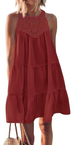 GRMLRPT Vestido Mujer Verano Playa Correa Vestidos Corto Casual sin Mangas A-Line Mini Vestidos de Playa sin Espalda(Rojo,L)