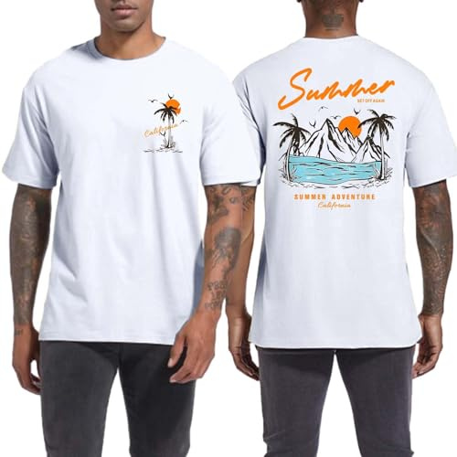 Qiqilyly Tshirt Herren Palme Mit Aufdruck MäNner Oversize Hawaii Print T-Shirt Baumwolle Shirt Summer Sonne Beach Rundhals Kurzarm Sommer LäSsig Streetstyle Tshirts(Weiß,XL)