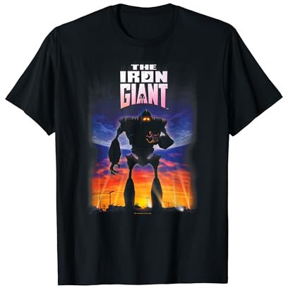 Warner Bros. The Iron Giant Poster T-Shirt - Unisex Adults, Black, S, Short Sleeve, V-Neck, Classic Fit, 100% Polyester, Space, Animated Movie Fans
