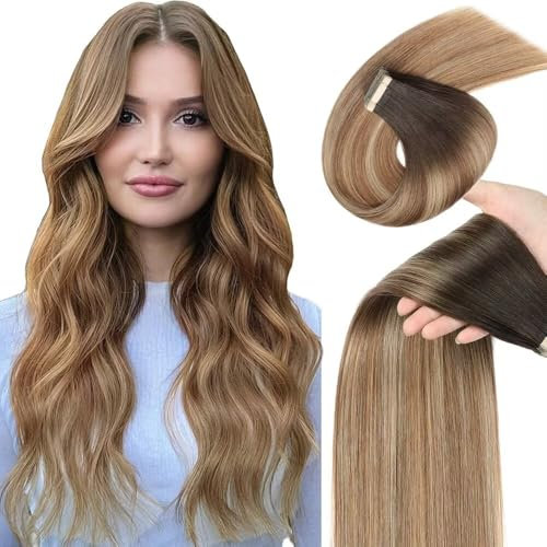 YDDM Tape In Extensions Echthaar 20pcs 40cm 40g Kastanienbraun bis Hellbraun mit Hellblond Invisible Tape Extensions Echthaar Extensions Tape Extensions Echthaar Haarverlängerung(16Zoll,2/6/18K#)