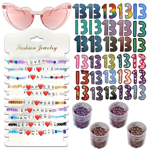 LOMSIOY Freundschaftsarmband Set - 13 PCS stapelbare Konzerttournee-Armbänder mit rosa Liebesbrille für Frauen, Glitzer, 5*13 Sticker - Friendship Bracelet für Sänger-Fans und Musikliebhaber