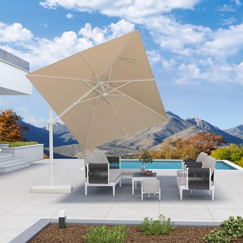 PURPLE LEAF Sombrilla Blanco 3 x 3 m con Base Cruzada, Sombrilla Terraza Exterior con Inclinación Bidireccional, 5 Niveles de Inclinación y Rotación de 360°, Protección UV 50+, Tela Caqui