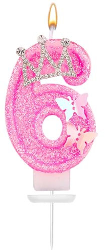 Velas Cumpleaños Numeros, 7,3cm Velas Número Purpurina Rosa Corona Mariposa Diamantes Imitación Velas con Número Cumpleaños Decoraciones Perfectas para Aniversario Cumpleaños(Número 6)