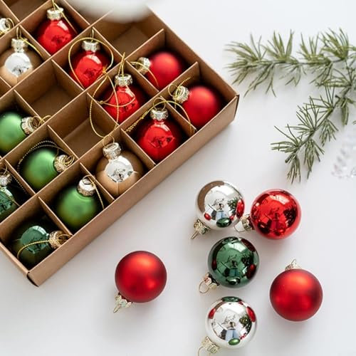 HEIBTENY Glas Weihnachtskugeln 25 Stücke ∅ 4CM Rot Weiß Grün Weihnachtsbaumkugeln Weihnachtsdeko Mit Aufhängen Christbaumkugeln Christbaumschmuck Set Hängendes Ornament(D)