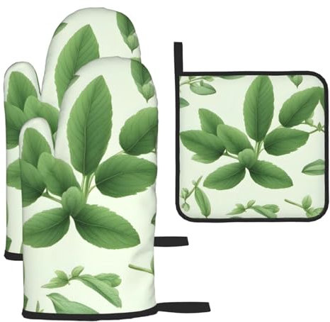 BROLEO Kitchen Baking Set of 3 - Oven Mitts and Pot Holders for Anti-Scalding Heat Insulation Green Flower Herb Sage Leaves and Branches Prints